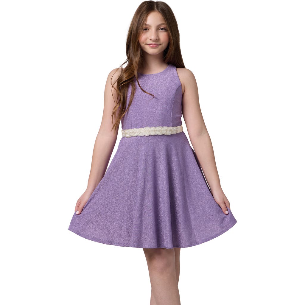 Un Deux Trois Glitter Stretch Racerback Dress With Belt In Purple