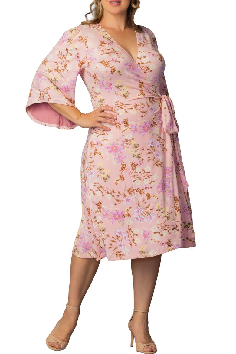 Gemini Floral Bell Sleeve Wrap Dress, Main, color, LIVELY PEACH FLORALS