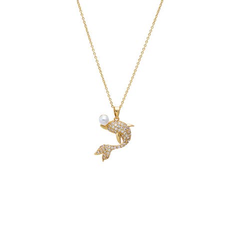 Pave Dolphin Pearl Pendant Necklace