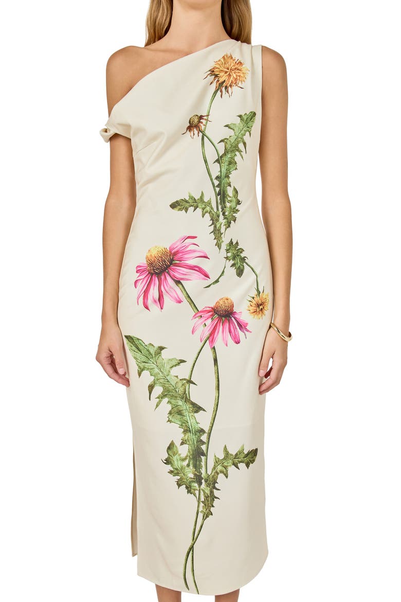 Floral Print Asymmetric Sleeveless Dress, Alternate, color, CREAM