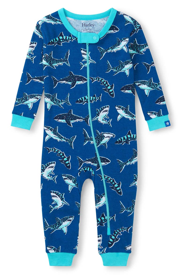 Shark Print Organic Cotton Zip Romper, Main, color, BLUE