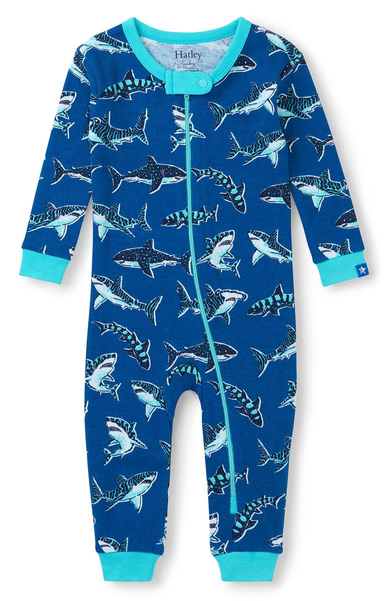 Hatley Shark Print Organic Cotton Zip Romper, Main, color, Blue
