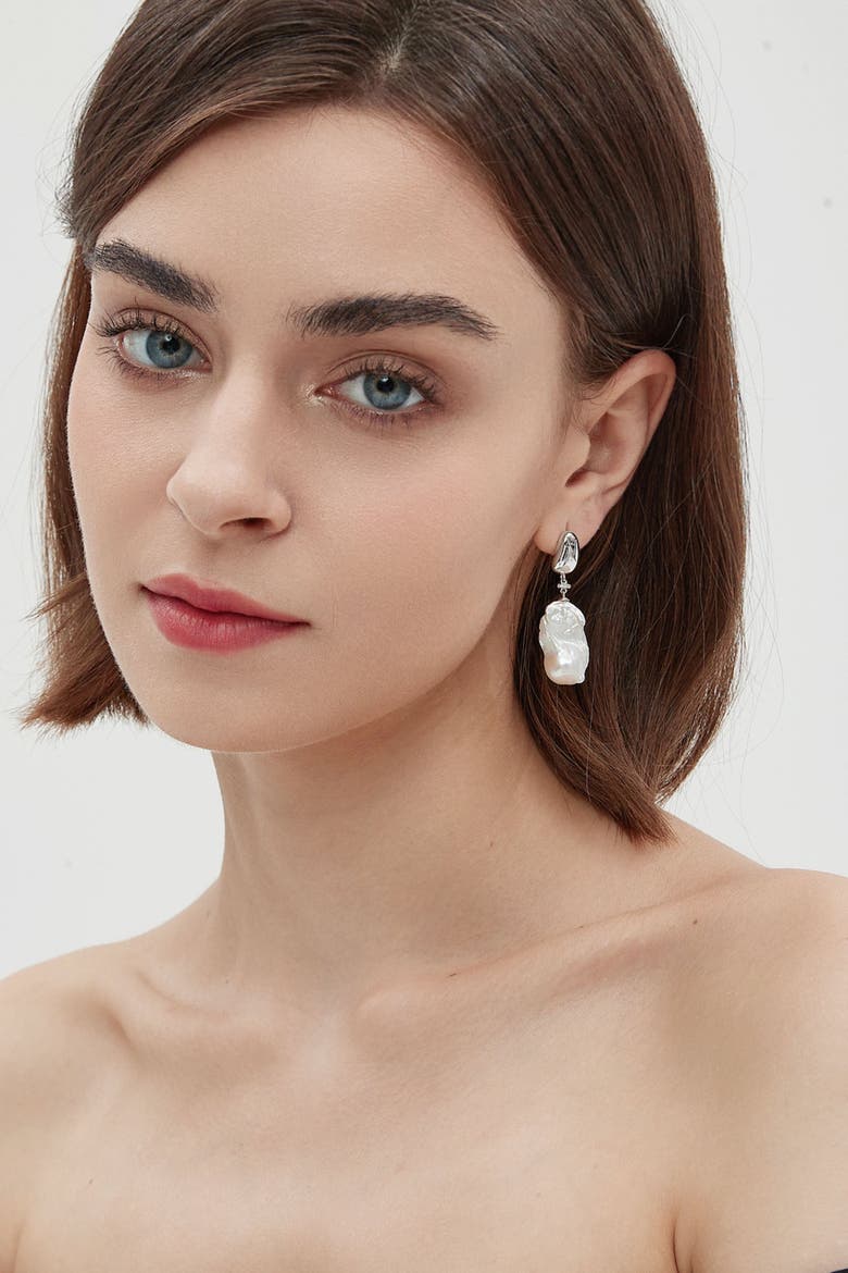 Doris Large Freshwater Baroque Pearl Drop Earrings, Alternate, color, Silver