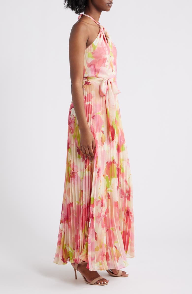 Julia Jordan Floral Pleated Chiffon Halter Dress, Alternate, color, Pink Multi