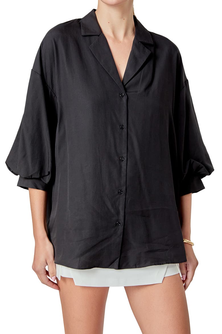 Blouson Sleeve Button-Up Shirt, Main, color, BLACK