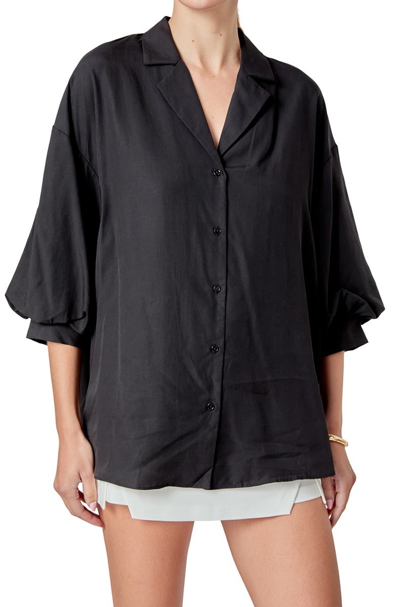 Endless Rose Blouson Sleeve Button-Up Shirt, Main, color, Black
