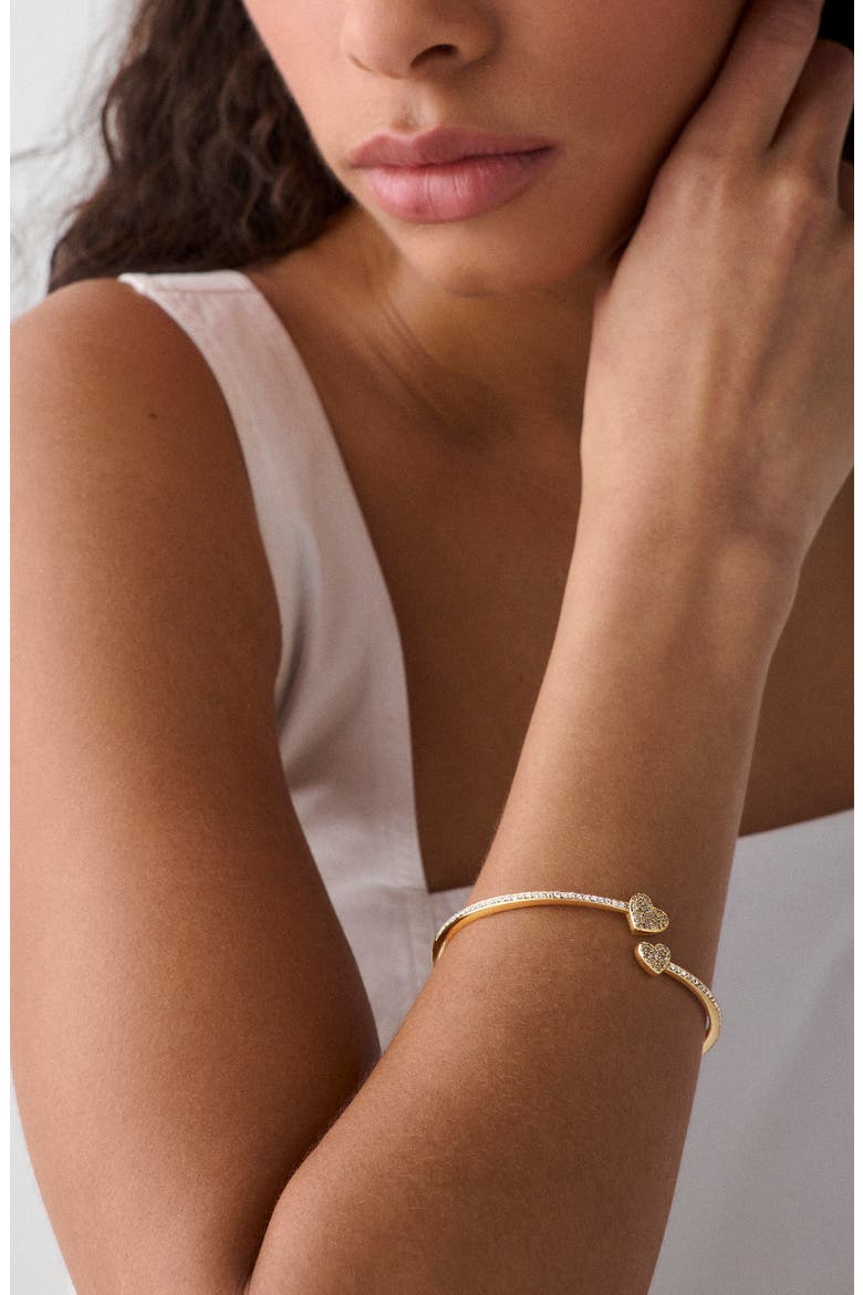 Pave Heart Open Hinge Cuff Bracelet, Alternate, color, CLEAR/ GOLD