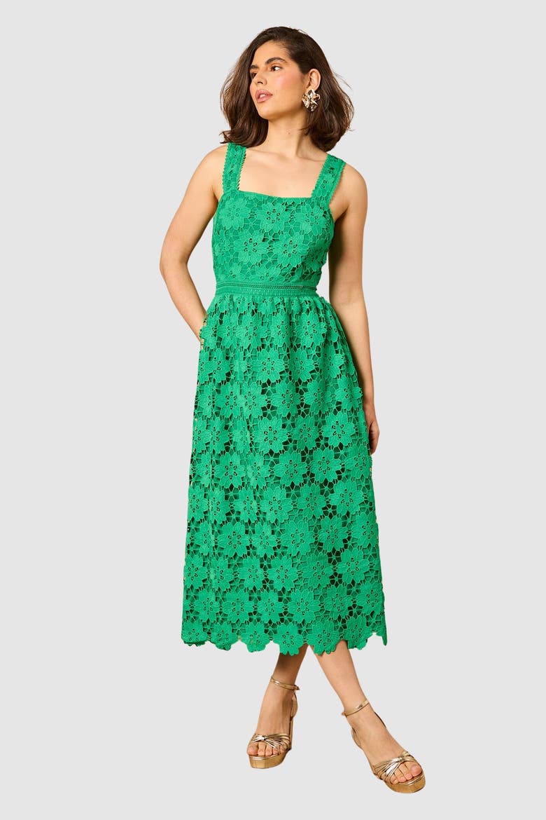 Floral Lace Square Neck Midi Dress, Main, color, Emerald