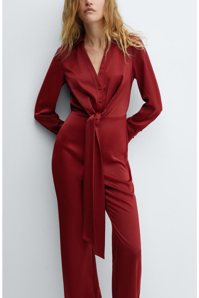 Wrap Waist V-Neck Long Sleeve Jumpsuit, Alternate, color, CHERRY