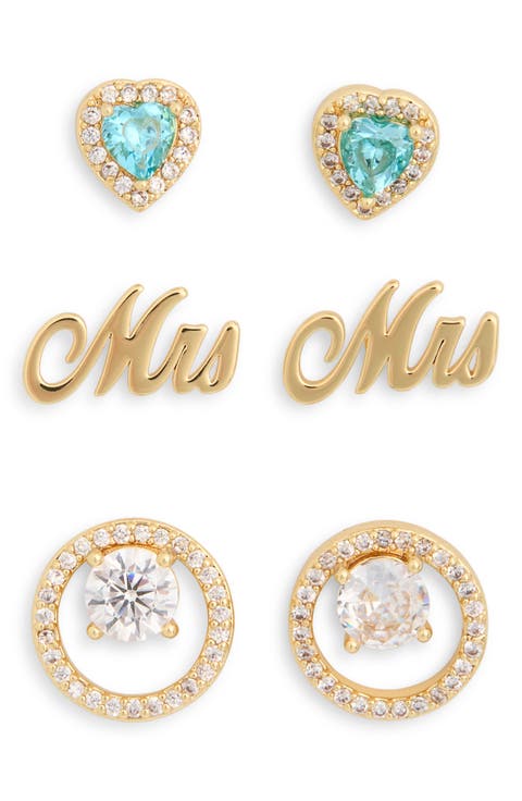 Set of 3 Demi-Fine Mrs Stud Earrings