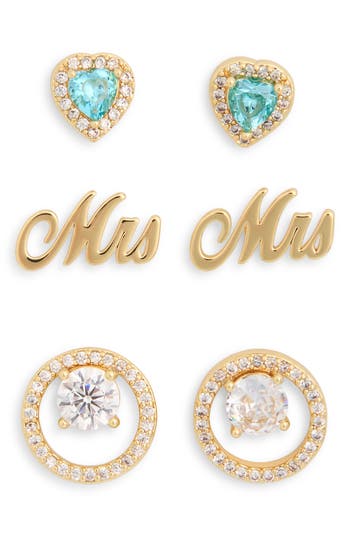 Leith Set Of 3 Demi-fine Mrs Stud Earrings In Clear- Gold