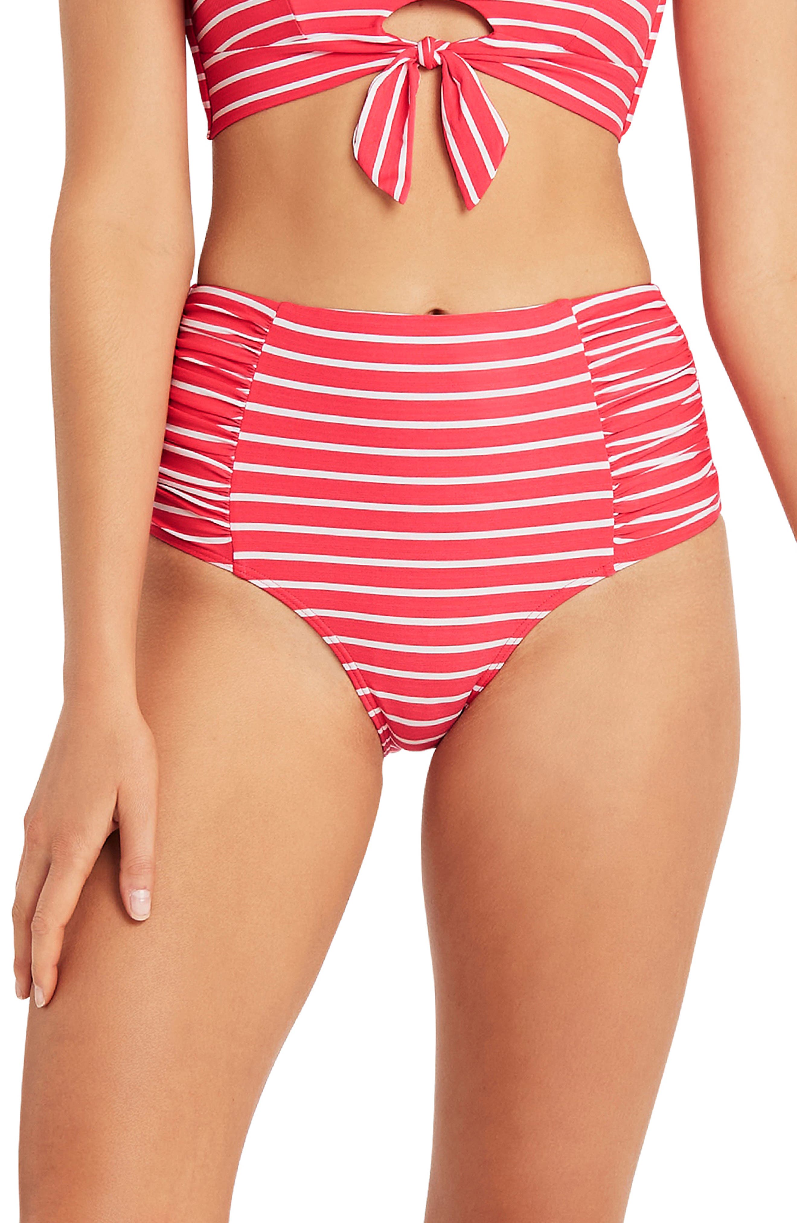 Stripe High Waist Gathered Side Bikini Bottoms