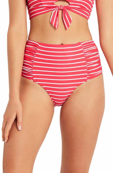 Stripe High Waist Gathered Side Bikini Bottoms