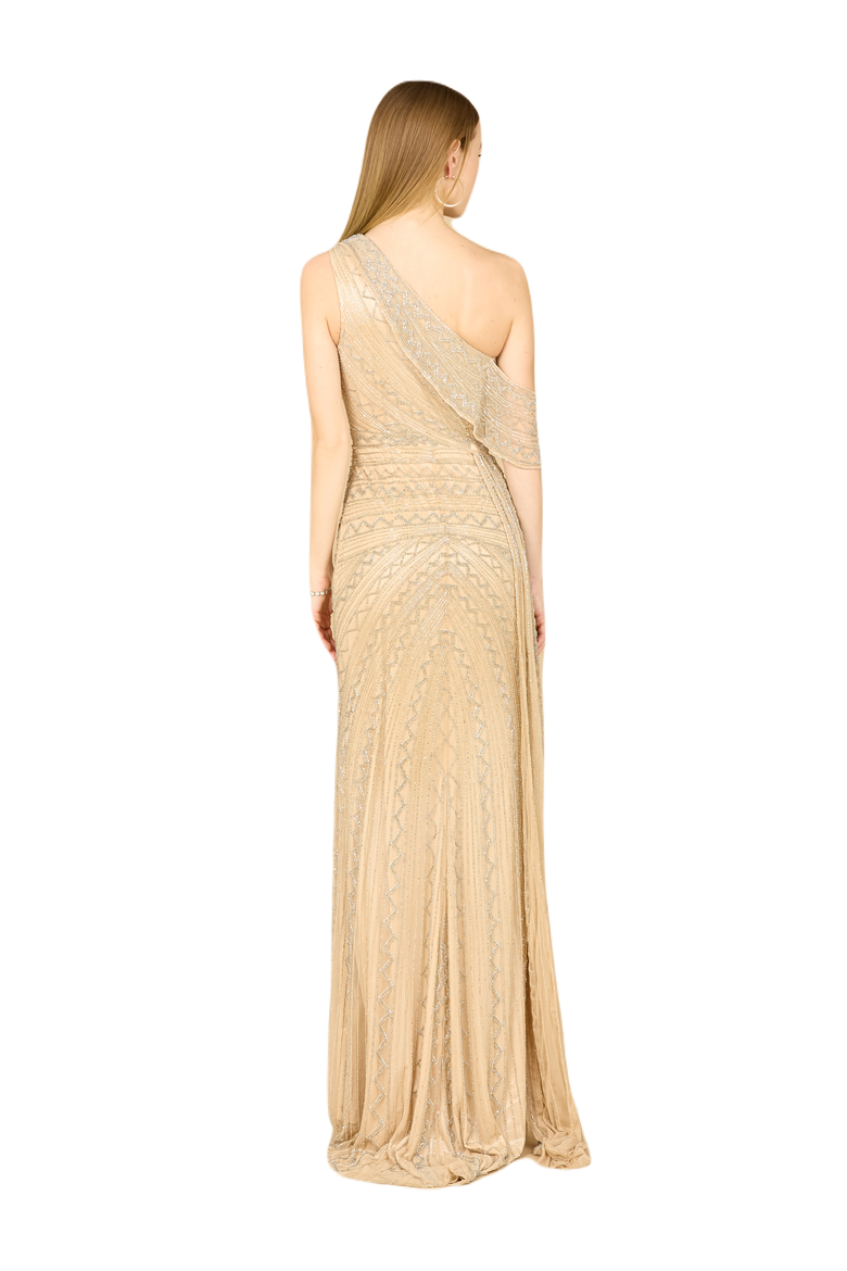 Beaded One Shoulder Dress with Train, Alternate, color, Nude