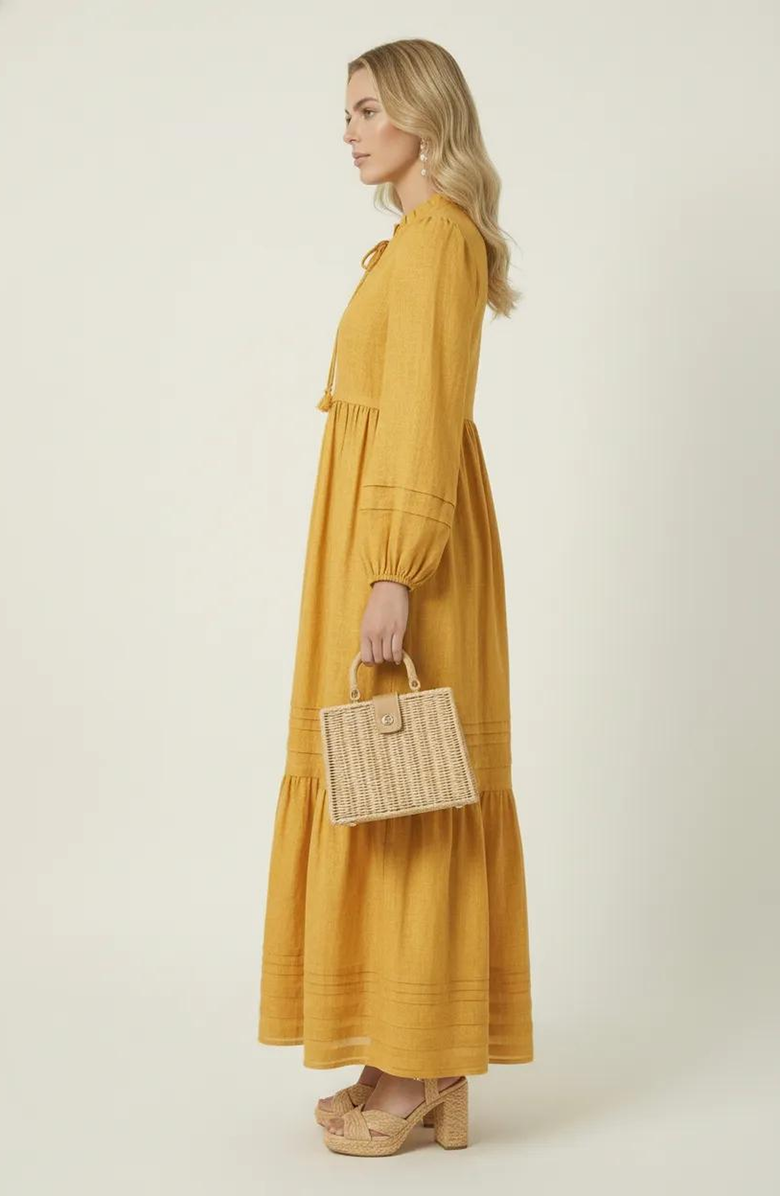 Modenaire Midi Shirred Neckline Tie Front Long Sleeve Tiered Hem Dress, Alternate, color, Mustard Yellow