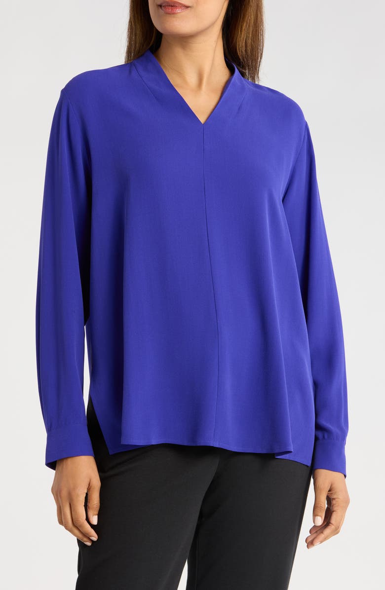 Eileen Fisher V-Neck Long Sleeve Silk Top, Main, color, 