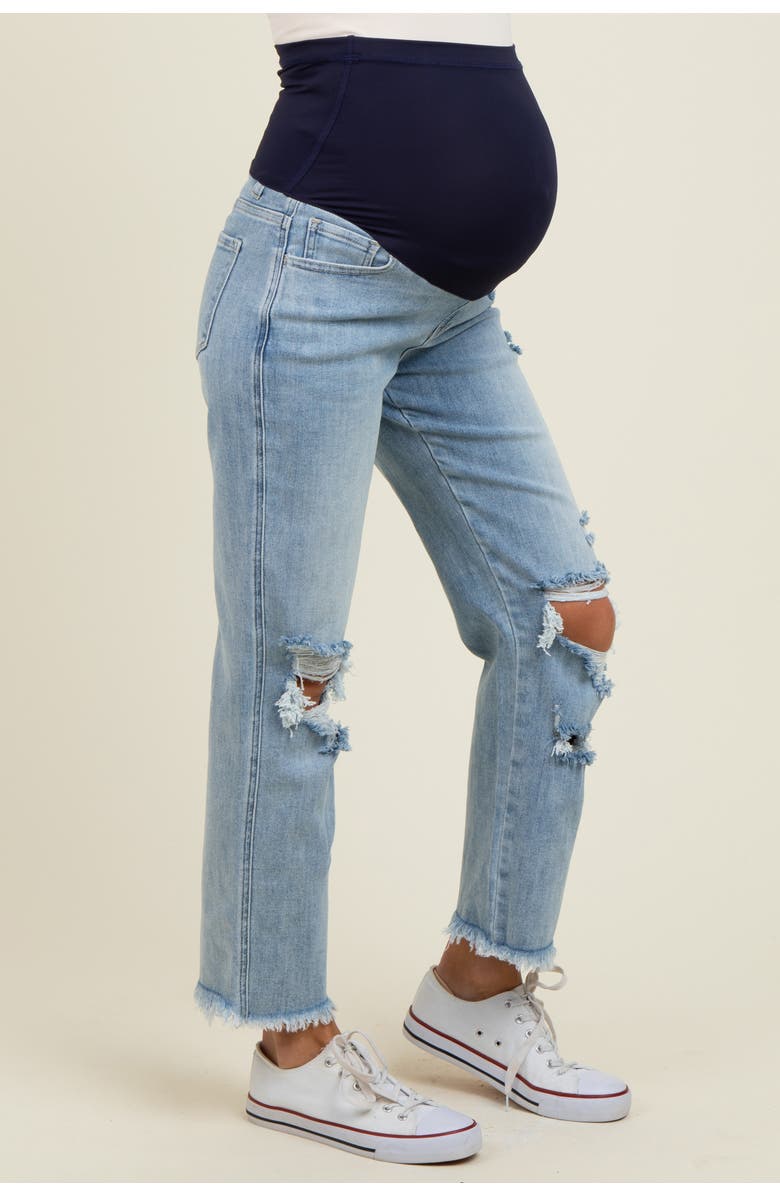 PinkBlush Ripped Knee Fringe Hem Straight Leg Maternity Ankle Jeans, Alternate, color, Light Blue