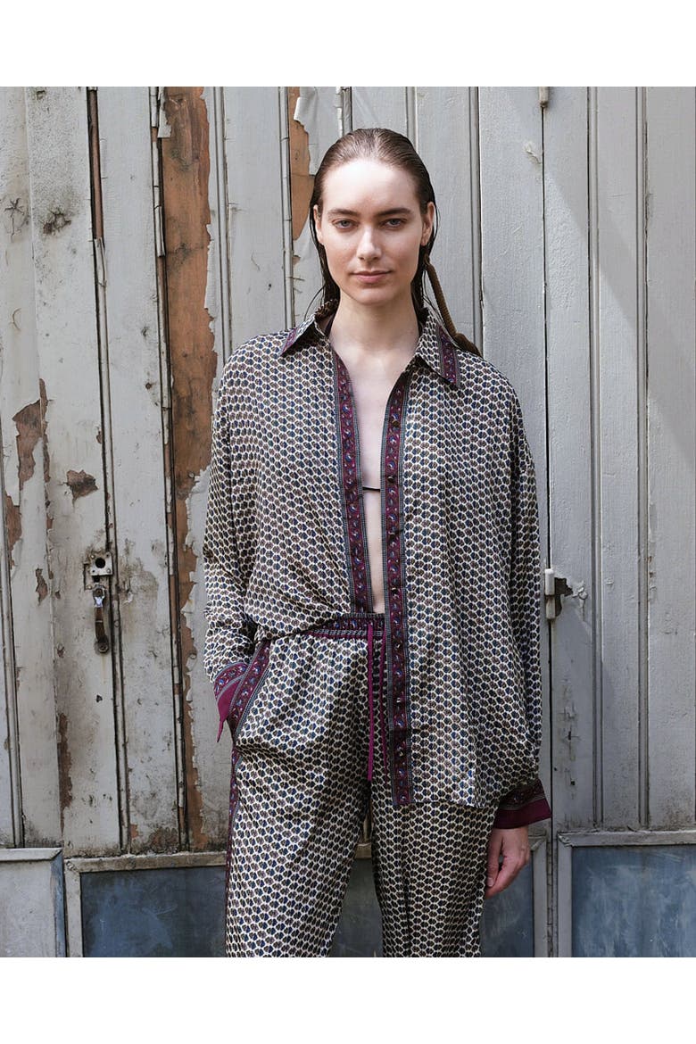 Embossed Botanical Long Sleeve Crepe Shirt, Alternate, color, Forest plum