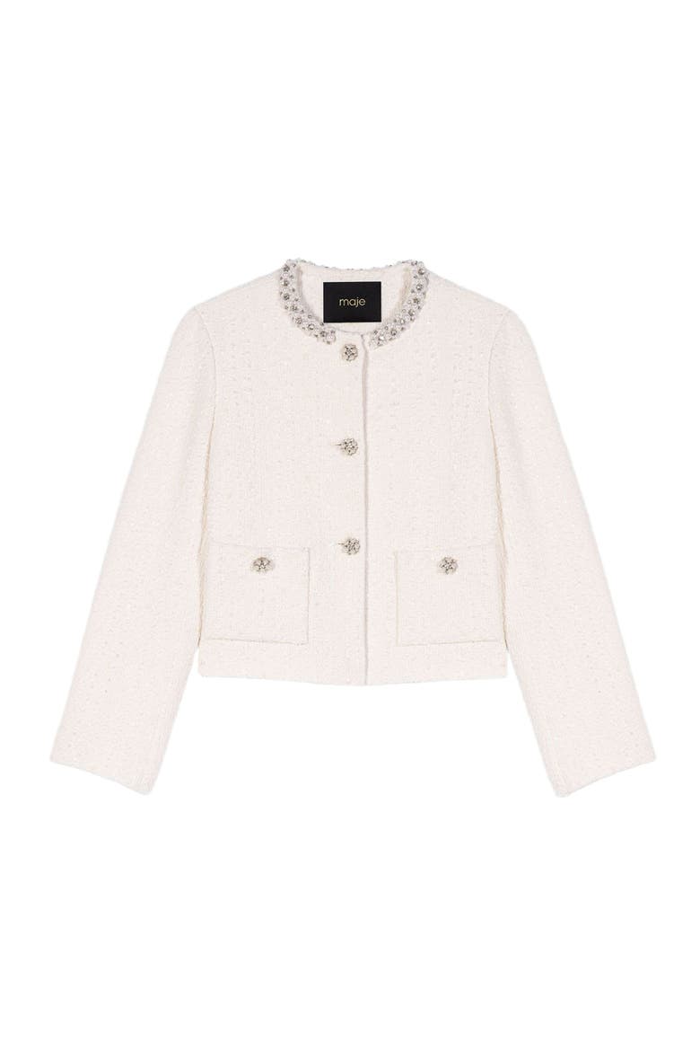 Pearl-trimmed tweed jacket, Alternate, color, Ecru