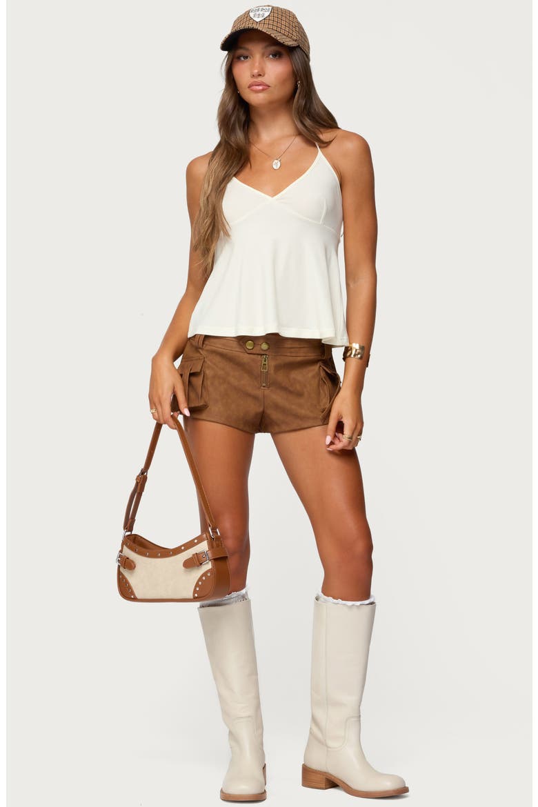 Washed Faux Leather Micro Cargo Shorts, Alternate, color, TAN
