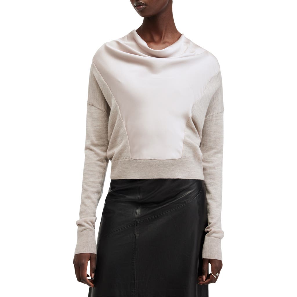 Shop Allsaints Myra Cowl Neck Mixed Media Wool Sweater In Fawn Brown