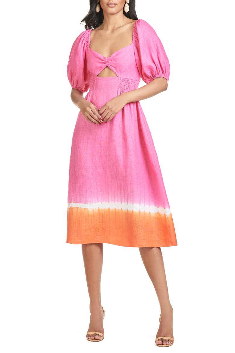 Bri Tie Dye Puff Sleeve Midi Dress, Main, color, FUCSHIA WITH ORANGE SHIBORI