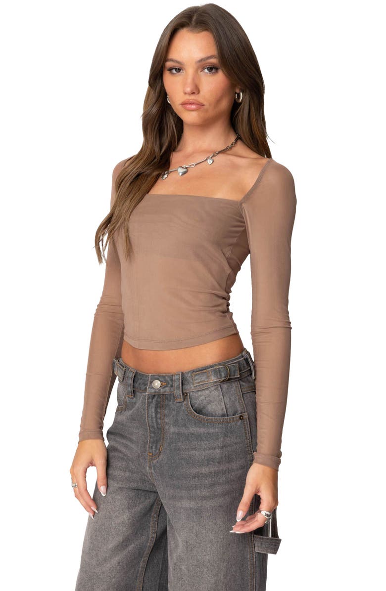 EDIKTED Marta Mesh Crop Top, Alternate, color, Brown