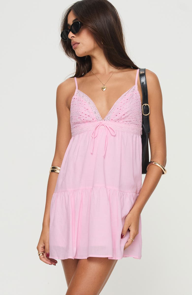 Princess Polly Nicoletta Eyelet Embroidered Babydoll Minidress, Alternate, color, Light/ Pastel Pink