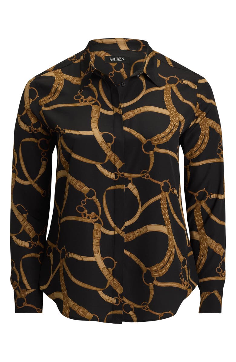 Lauren Ralph Lauren Belting Print Classic Fit Crepe Button-Up Shirt, Alternate, color, Black/ Tan