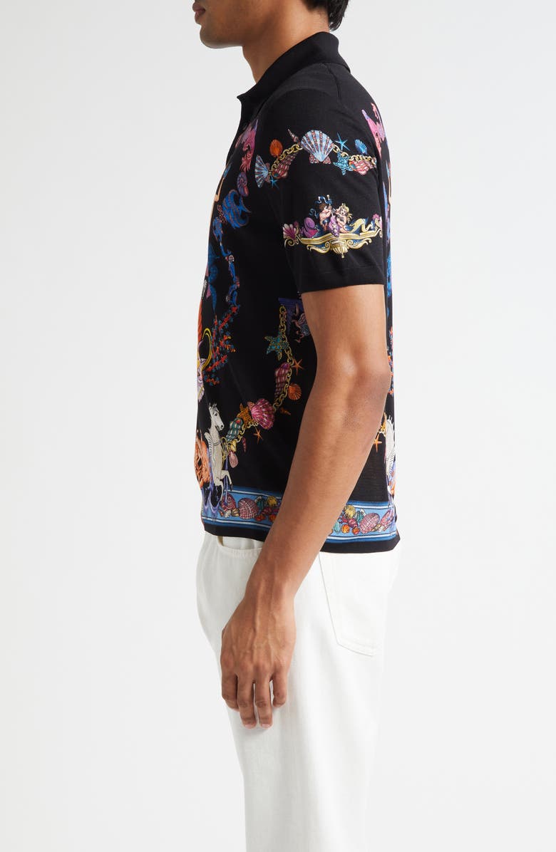 Versace Coral Theater Silk Polo Sweater, Alternate, color, Black Multicolor