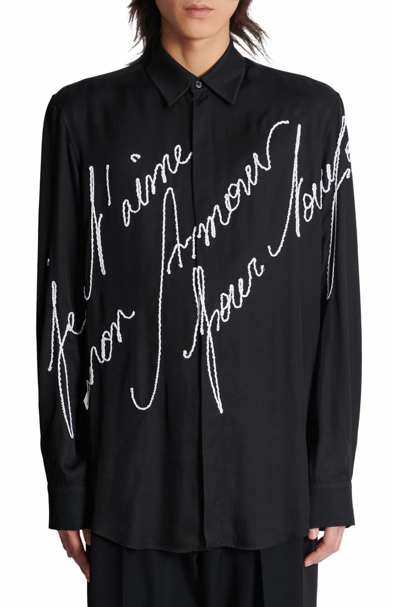 Balmain Loose Shirt With "Love Letter" Embroidery, Alternate, color, Black