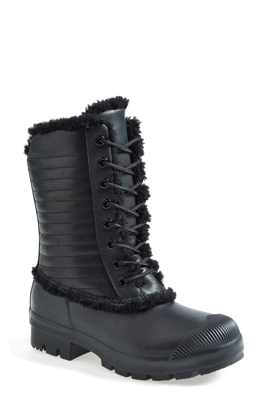 Hunter Original Genuine Shearling & Patent Leather Lace-Up Rain Boot, Main, color, 