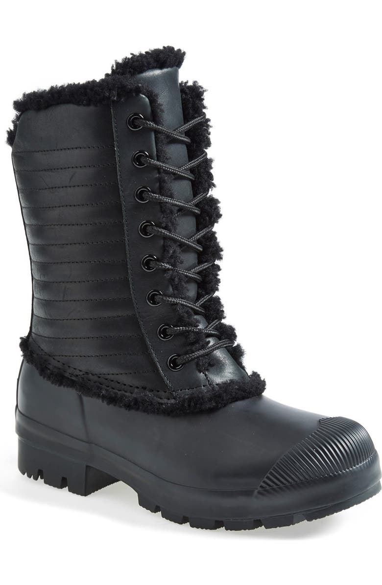 Hunter Original Genuine Shearling & Patent Leather Lace-Up Rain Boot, Main, color,