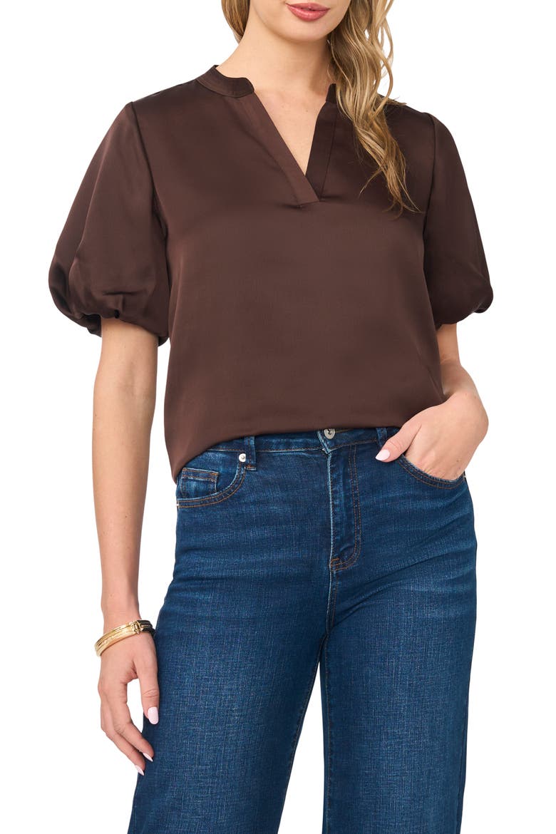Puff Sleeve Satin Top, Main, color, CHOCOLATE
