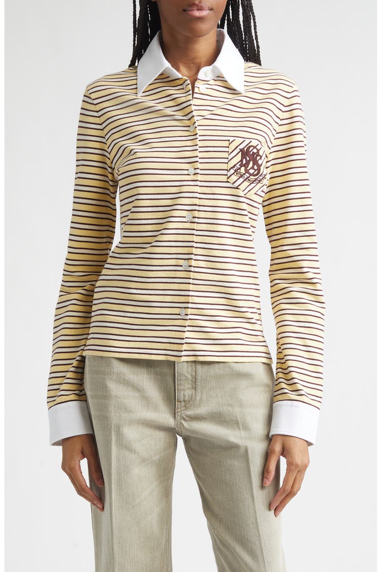Embroidered Crest Fancy Stripe Long Sleeve Button-Up Polo, Main, color, YELLOW MULTI STRIPE