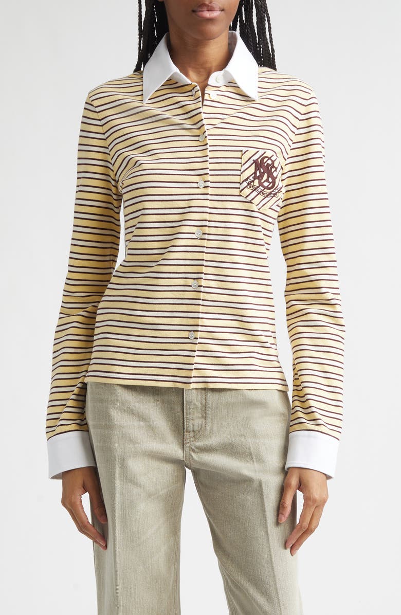 Stella McCartney Embroidered Crest Fancy Stripe Long Sleeve Button-Up Polo, Main, color, Yellow Multi Stripe