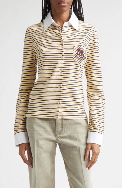Embroidered Crest Fancy Stripe Long Sleeve Button-Up Polo