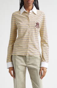 Stella McCartney Embroidered Crest Fancy Stripe Long Sleeve Button-Up Polo