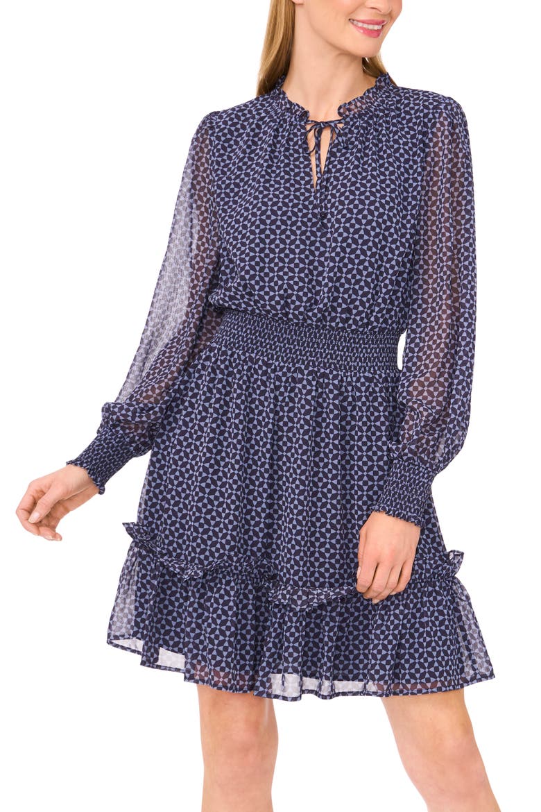 Geo Print Smocked Waist Long Sleeve Dress, Alternate, color, NIGHT HORIZON