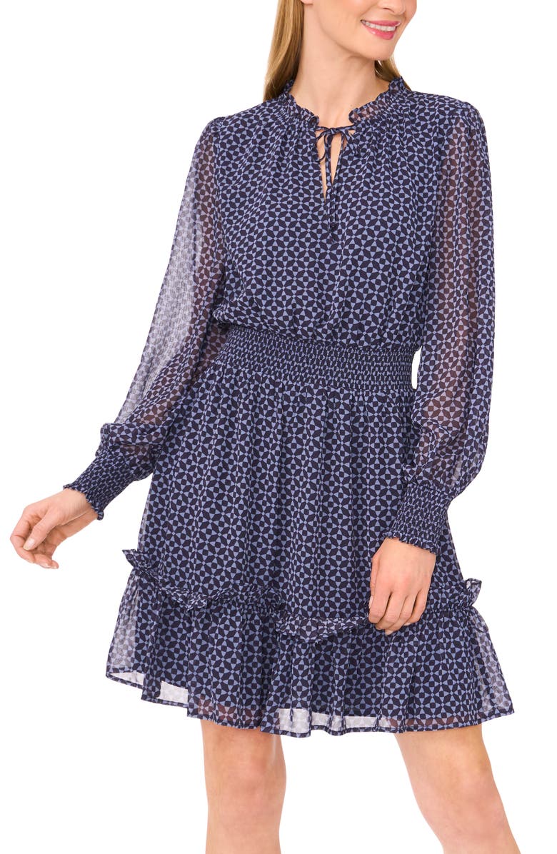 CeCe Geo Print Smocked Waist Long Sleeve Dress, Alternate, color, Night Horizon