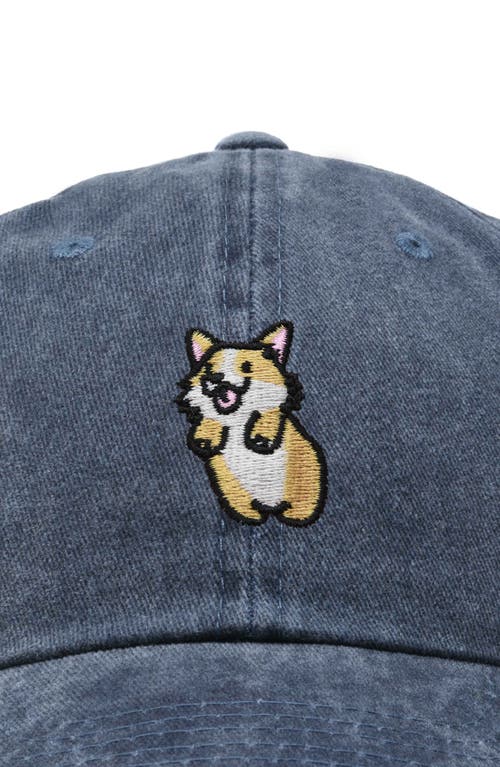 Dalix Leaping Corgi Embroidered Cap In Washed Navy Blue