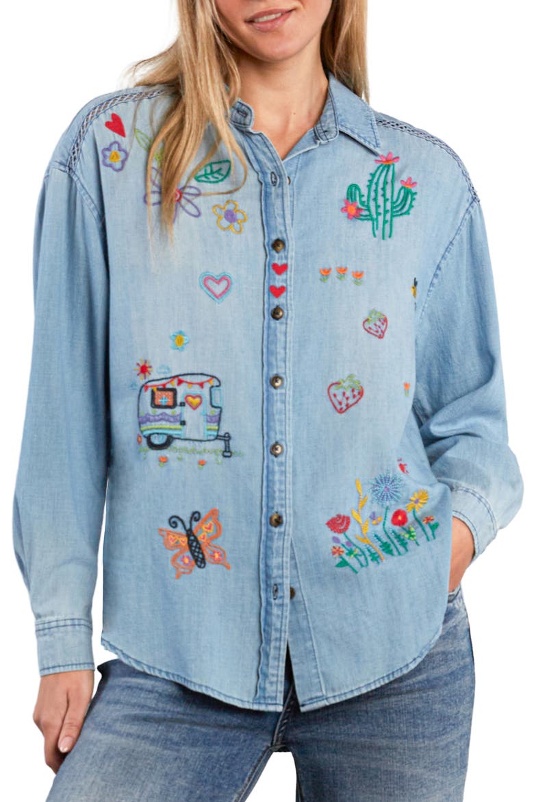 Moonflower Embroidered Shirt, Main, color, PURE DENIM