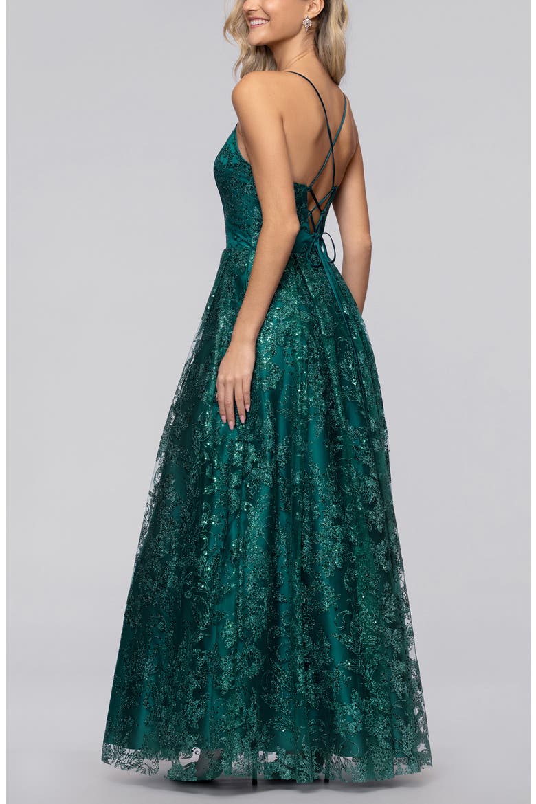 Glitter Corset Sleeveless Gown, Alternate, color, TEAL