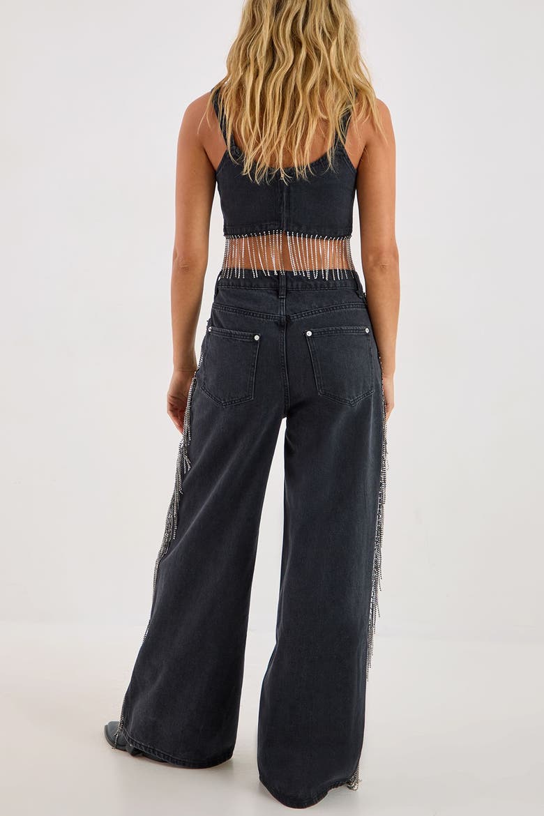 Denim Diamonte Tassel Straight Leg Jeans, Alternate, color, Washed Black