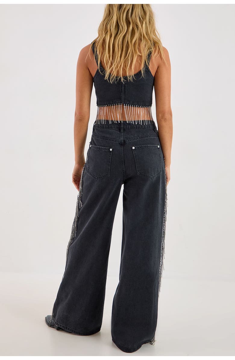 NASTY GAL Denim Diamonte Tassel Straight Leg Jeans, Alternate, color, Washed Black