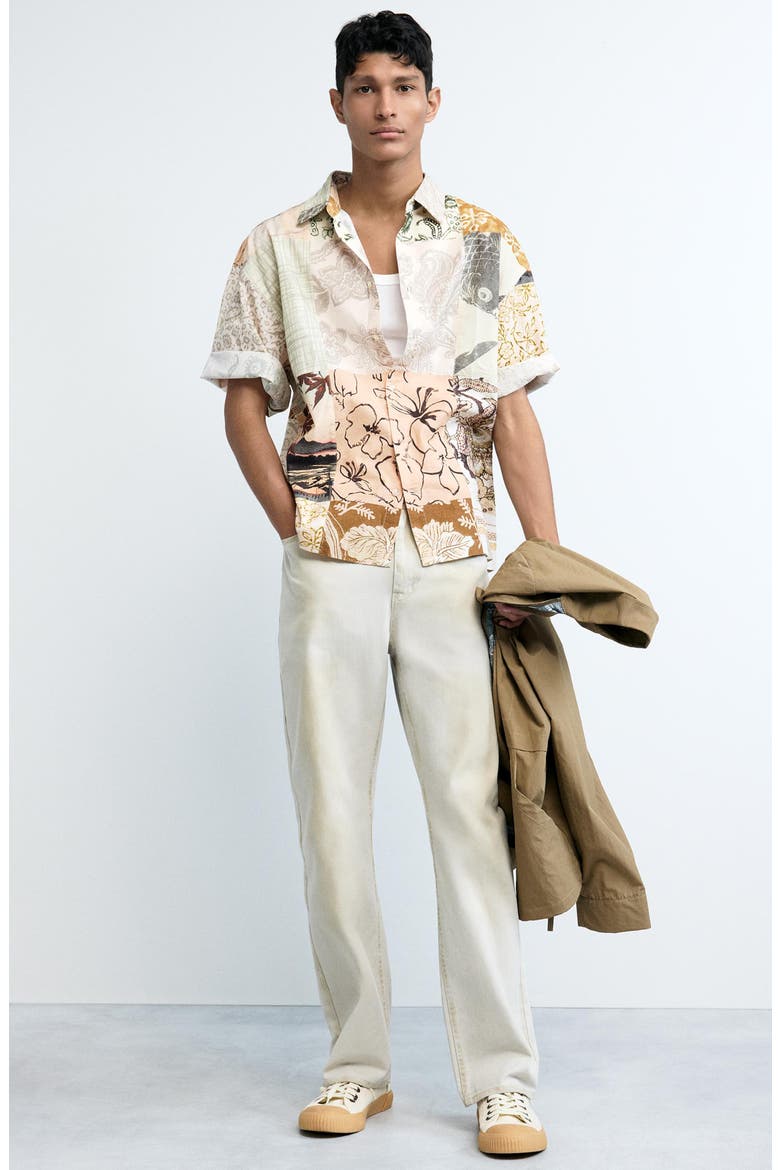 Patchwork Short Sleeve Button-Up Shirt, Main, color, OFF WHITE