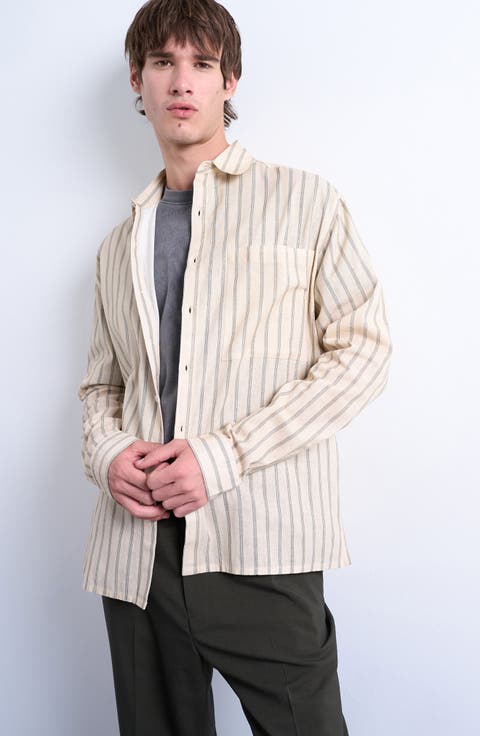 Relaxed Fit Stripe Cotton & Linen Button-Up Shirt