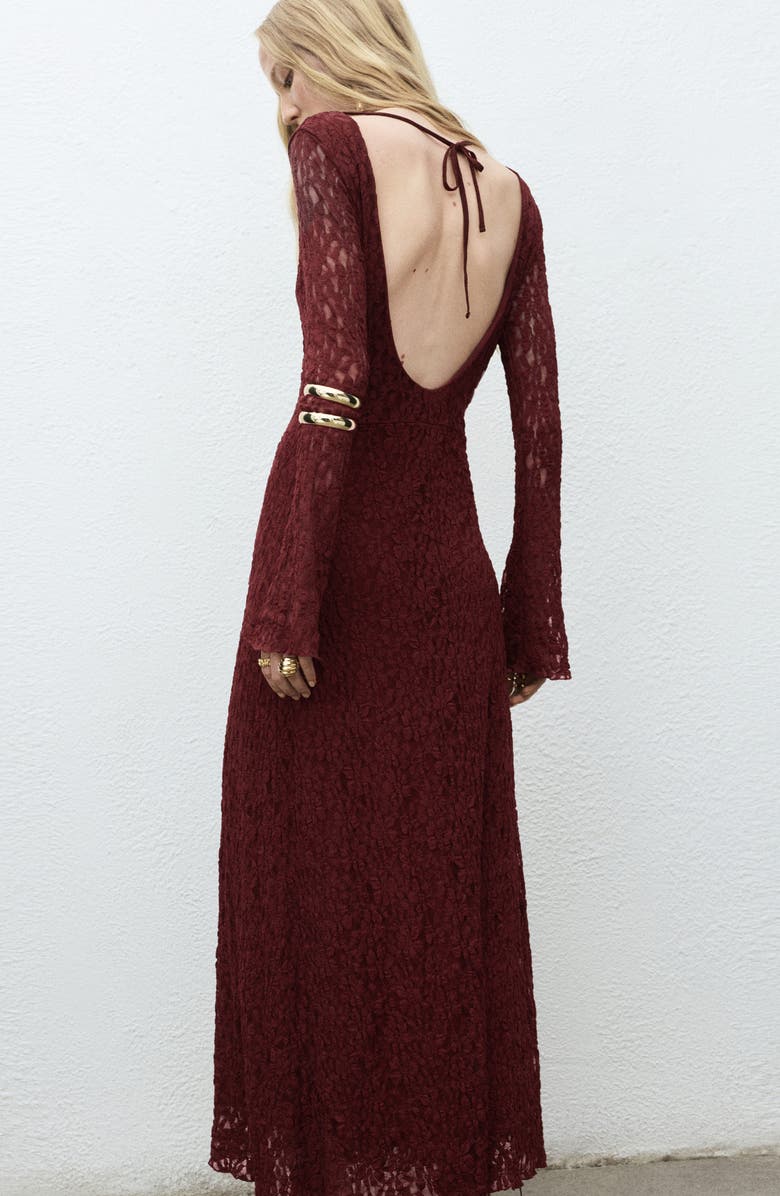 MANGO Long Sleeve Lace Maxi Dress, Alternate, color, Wine