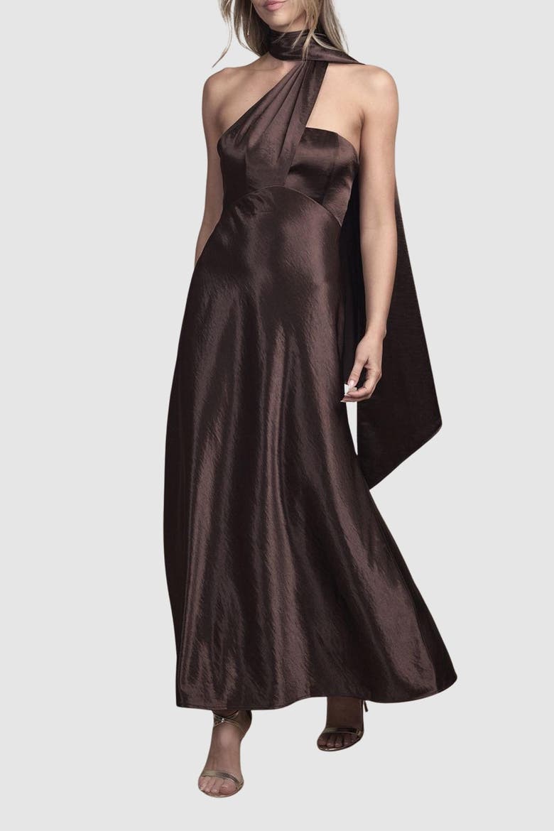 Satin Scarf Detail Maxi Bridesmaid Dress, Alternate, color, Chocolate