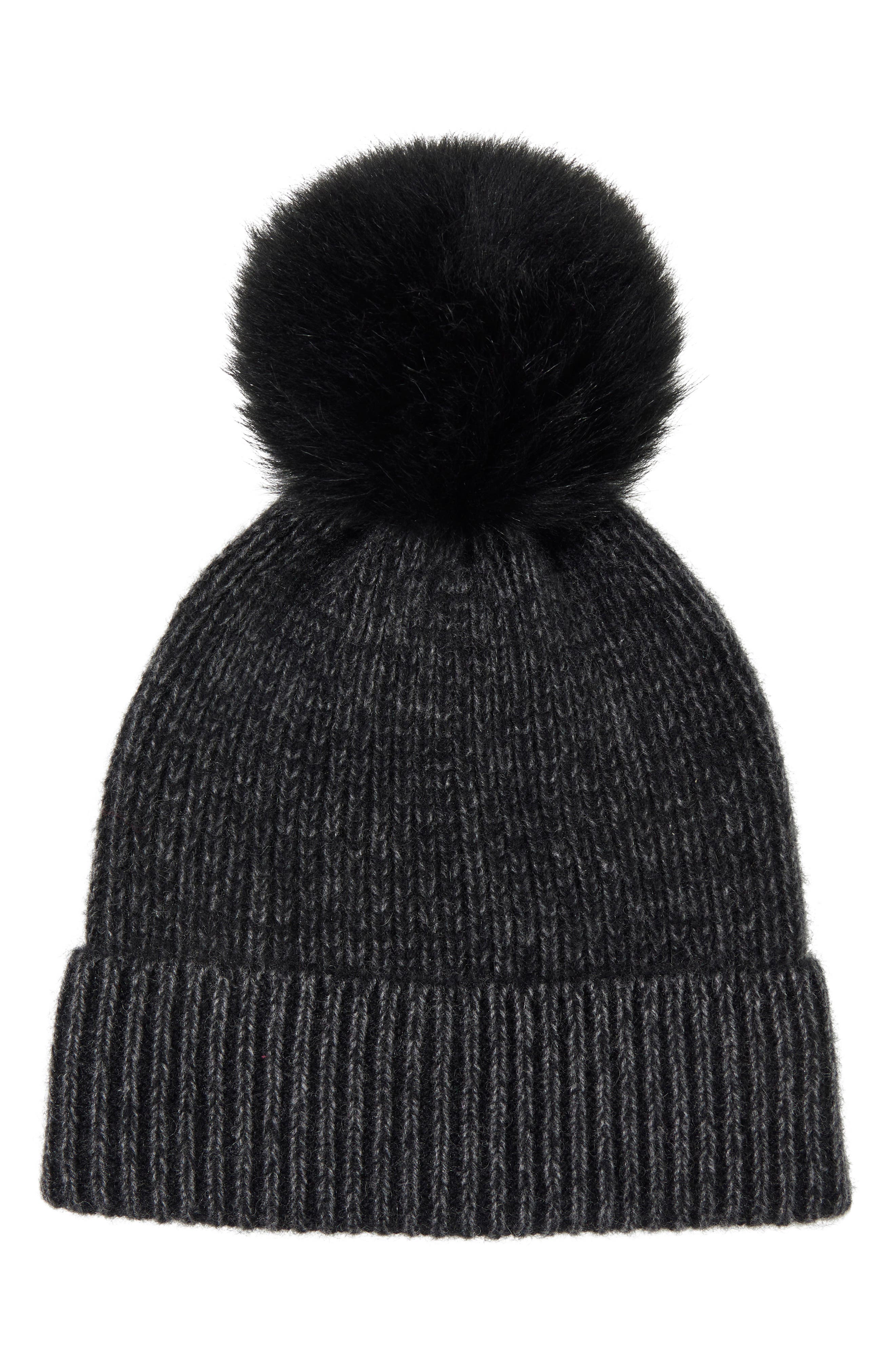 Amicale Two-Tone Rib Knit Beanie with Genuine Shearling Pom